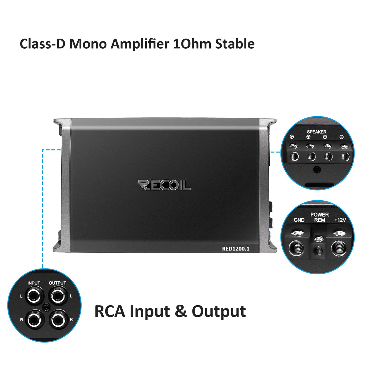 RECOIL RED1200-1 top panel shows bass EQ and gain controls