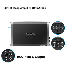 RECOIL RED1200-1 top panel shows bass EQ and gain controls
