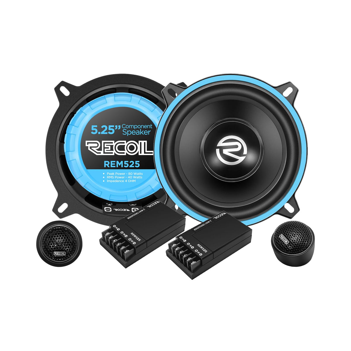 RECOIL REM525 front pair view showing grille and basket, clear stereo benefit