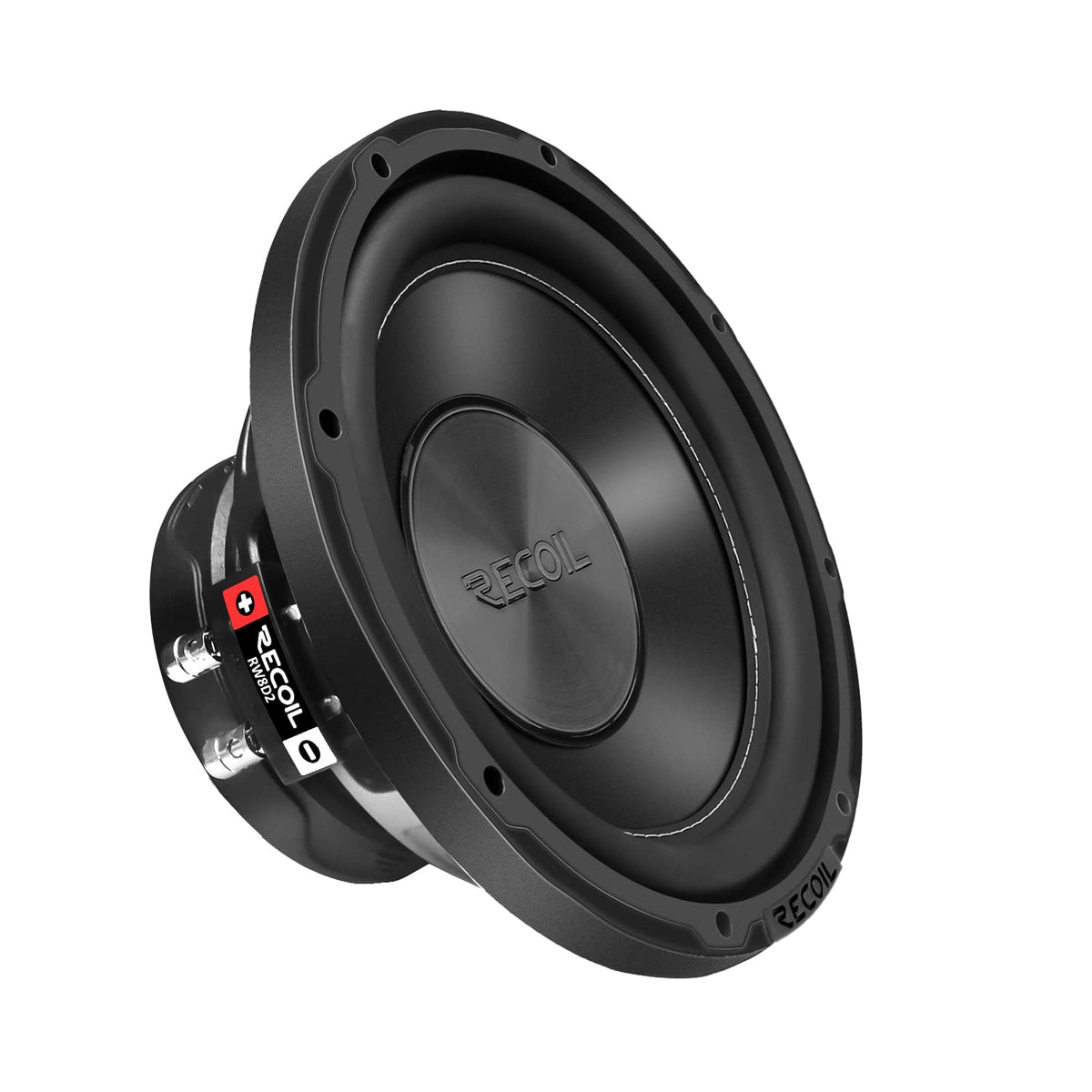 RECOIL front view of 8-inch subwoofer showing grille and basket, clear install benefit