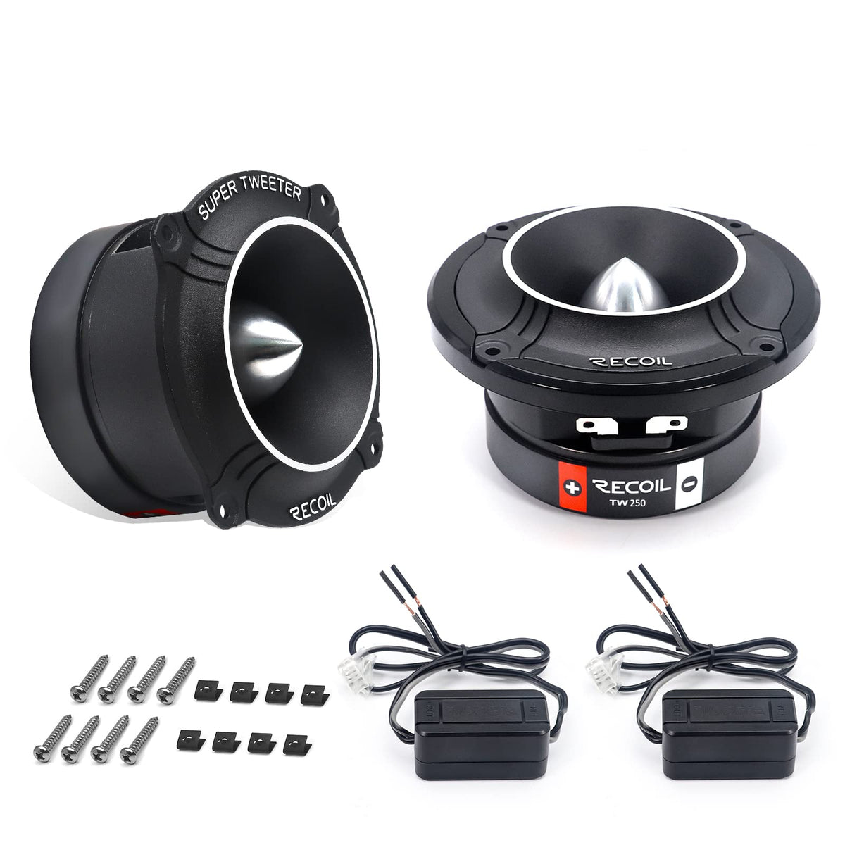 RECOIL TW250 front view showing bullet tweeter and mounting, highlights high output