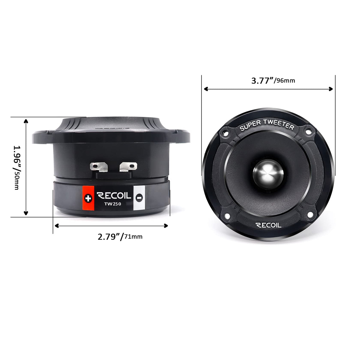 RECOIL TW250 installed in car pillar demonstrating directional high-frequency projection