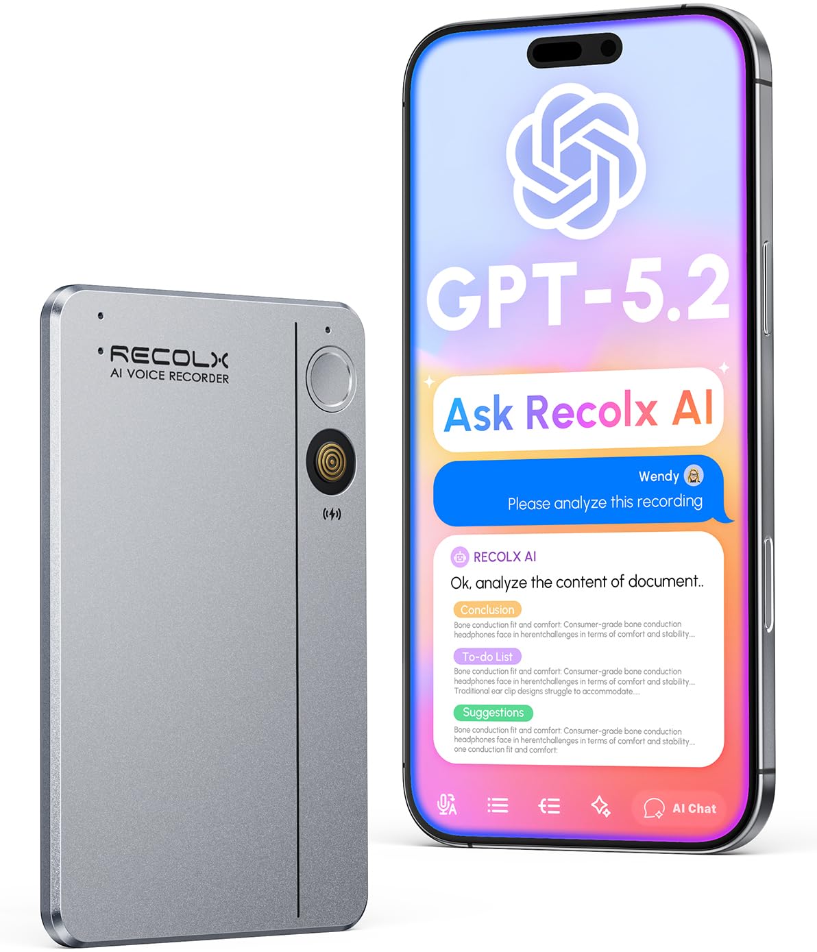 RECOLX AI Voice Recorder front view for on-the-go transcription