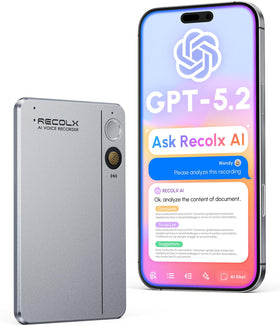 RECOLX AI Voice Recorder front view for on-the-go transcription