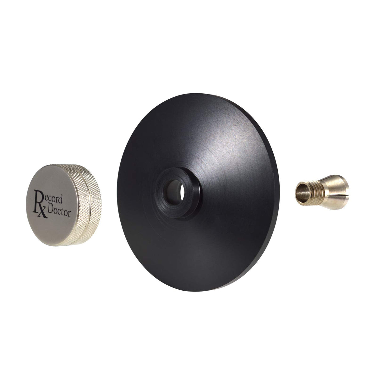 Record Doctor clamp seated on platter holding vinyl flat to reduce slippage during playback
