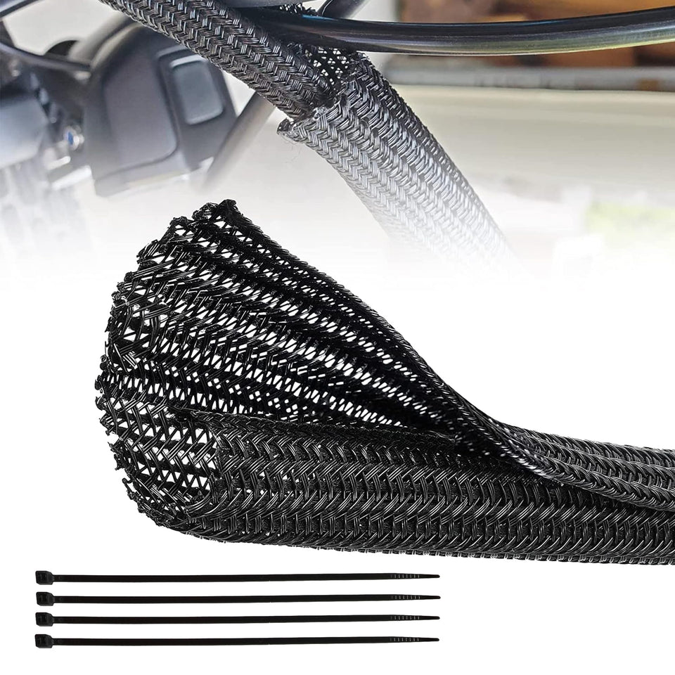 RED WOLF braided sleeve 10ft protects automotive cables from friction and wear.