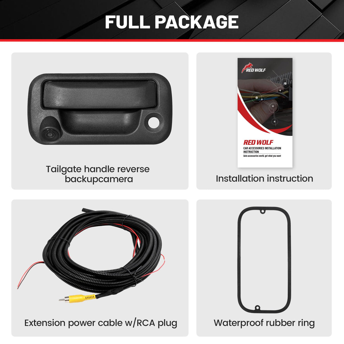 Red Wolf tailgate handle rear camera ready for universal RCA inputs and compatibility.