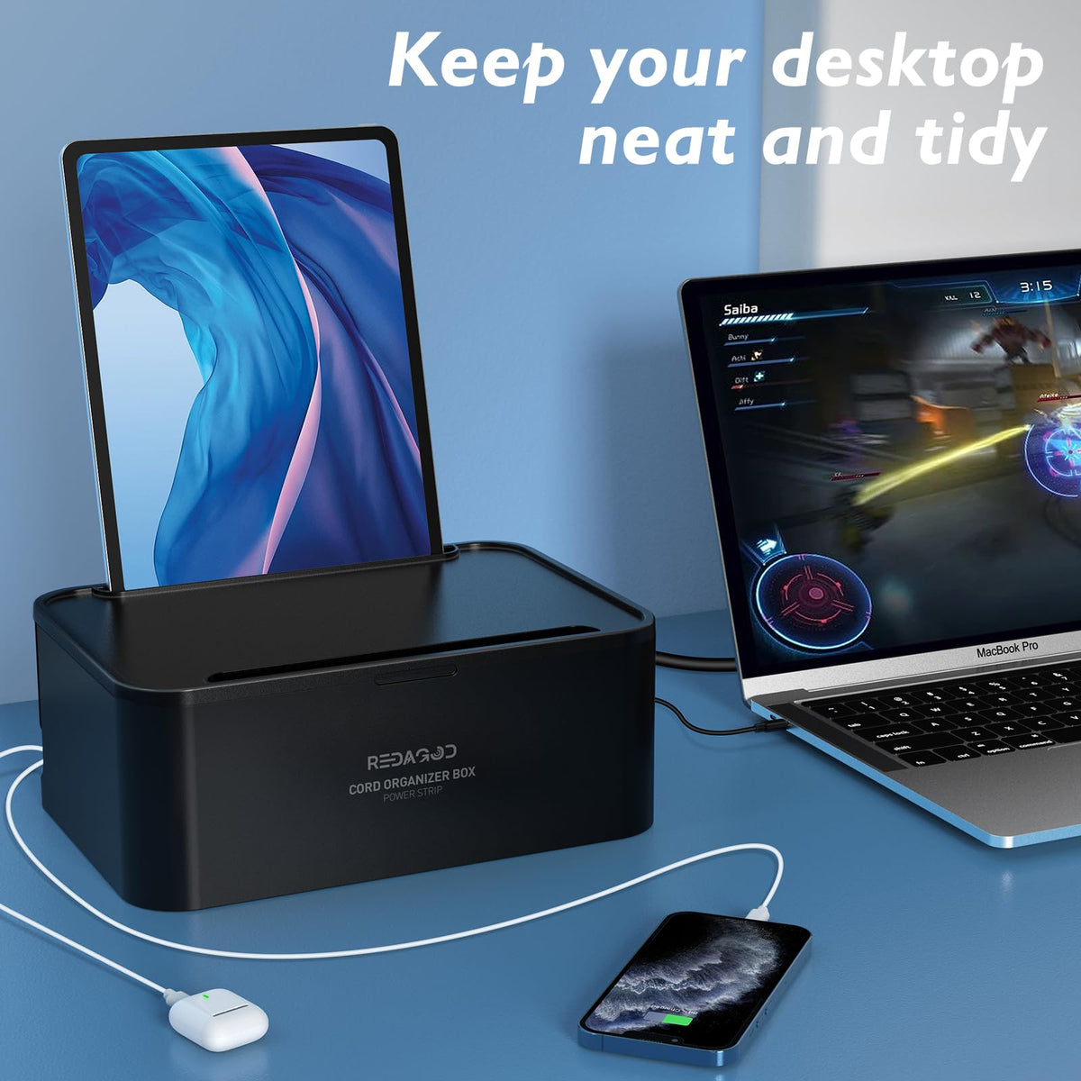 Redagod on a tidy desk powering laptop and phone for neat workspace benefit