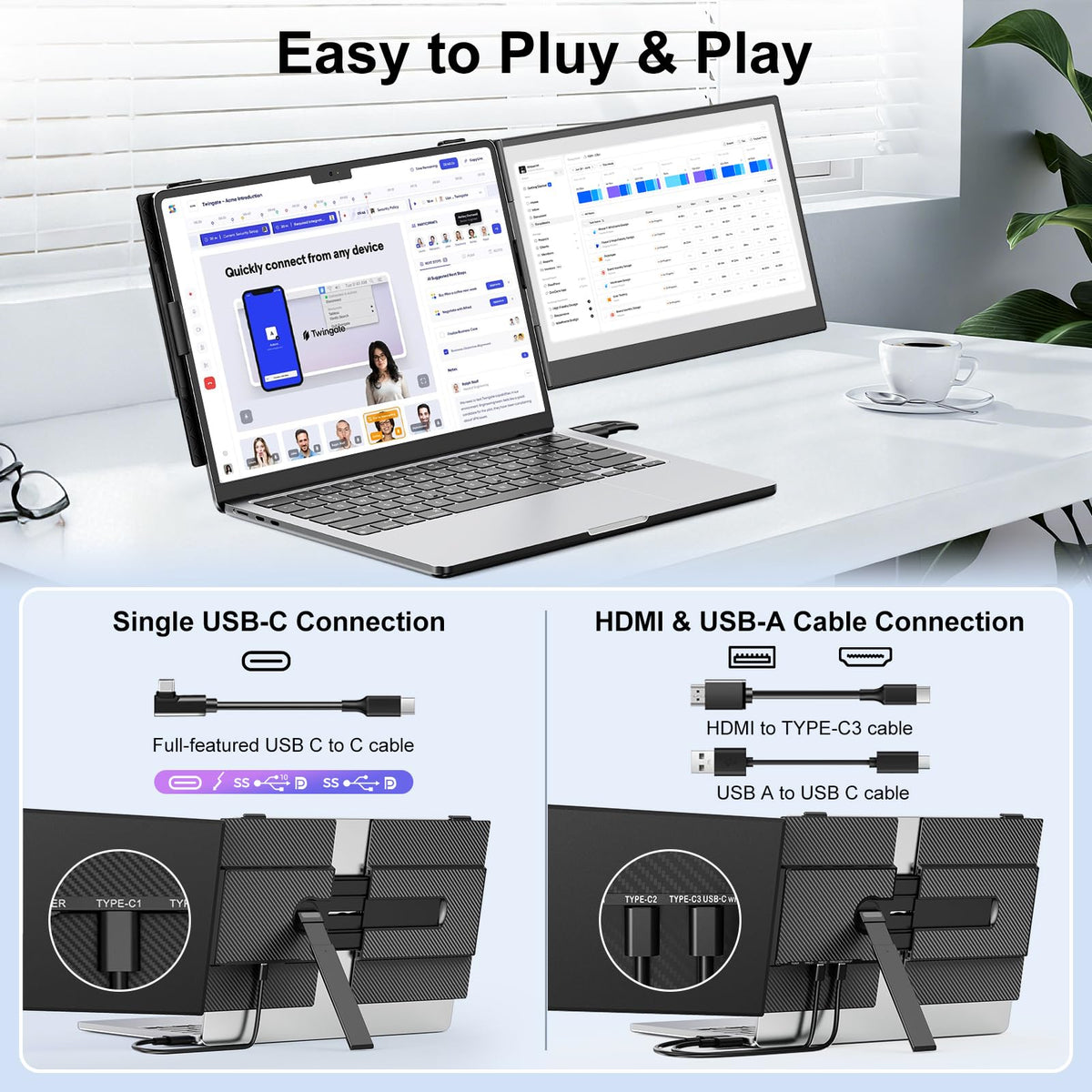 Redalf dual-monitor extension supports extended, mirrored, and portrait modes.