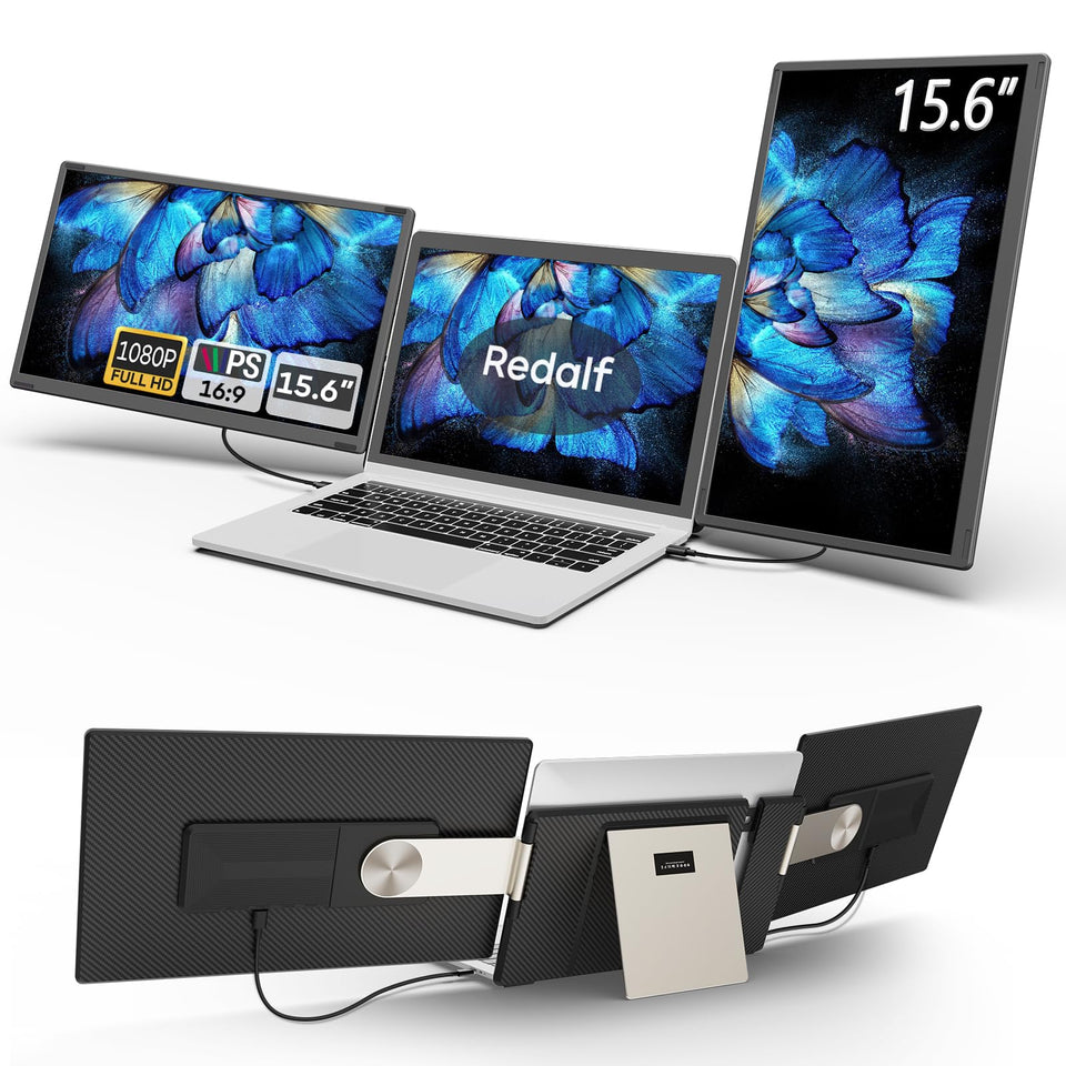 Redalf laptop screen extender setup demonstrates a three-monitor workspace for enhanced productivity.