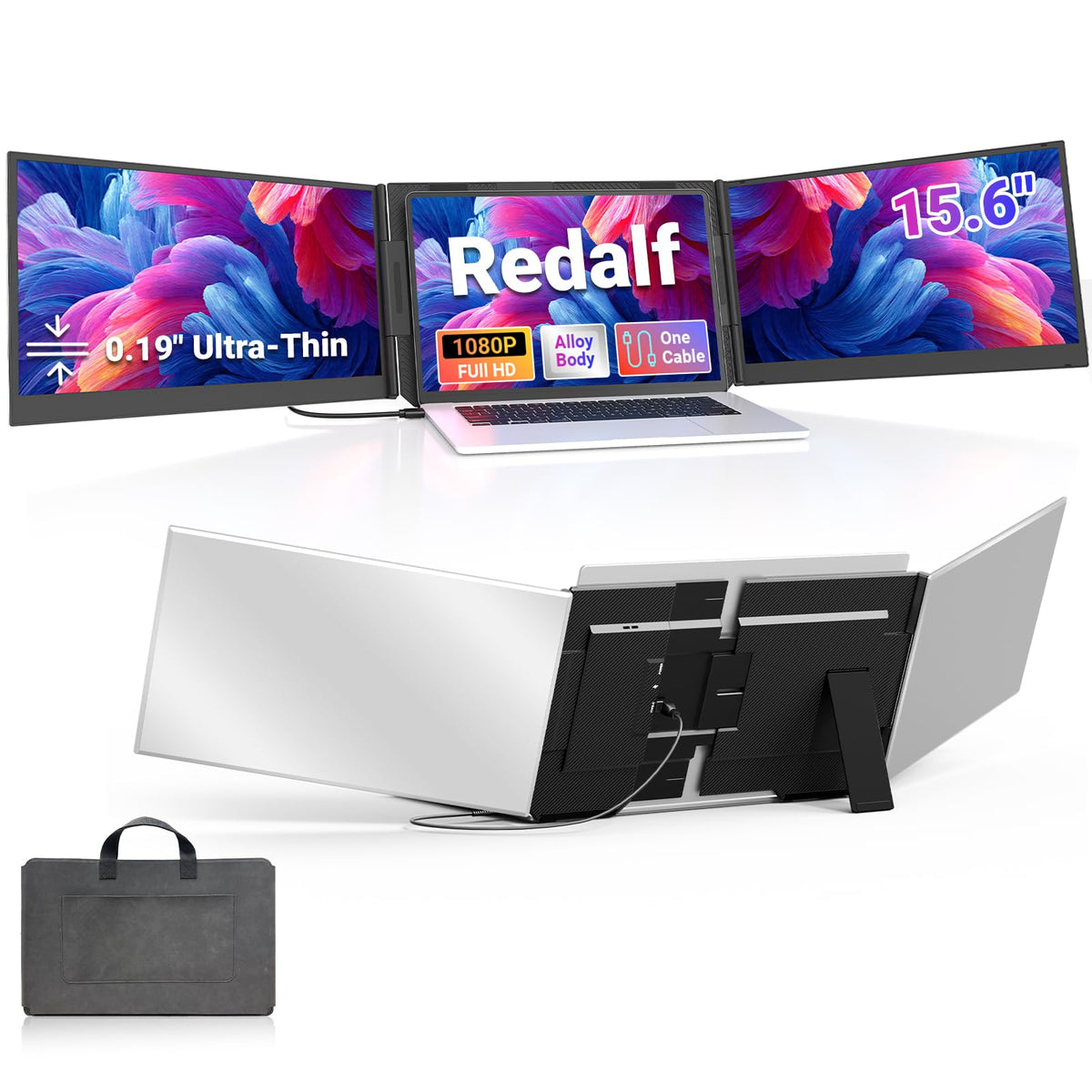 Redalf triple-monitor extender front view for a clutter-free desk and multitasking