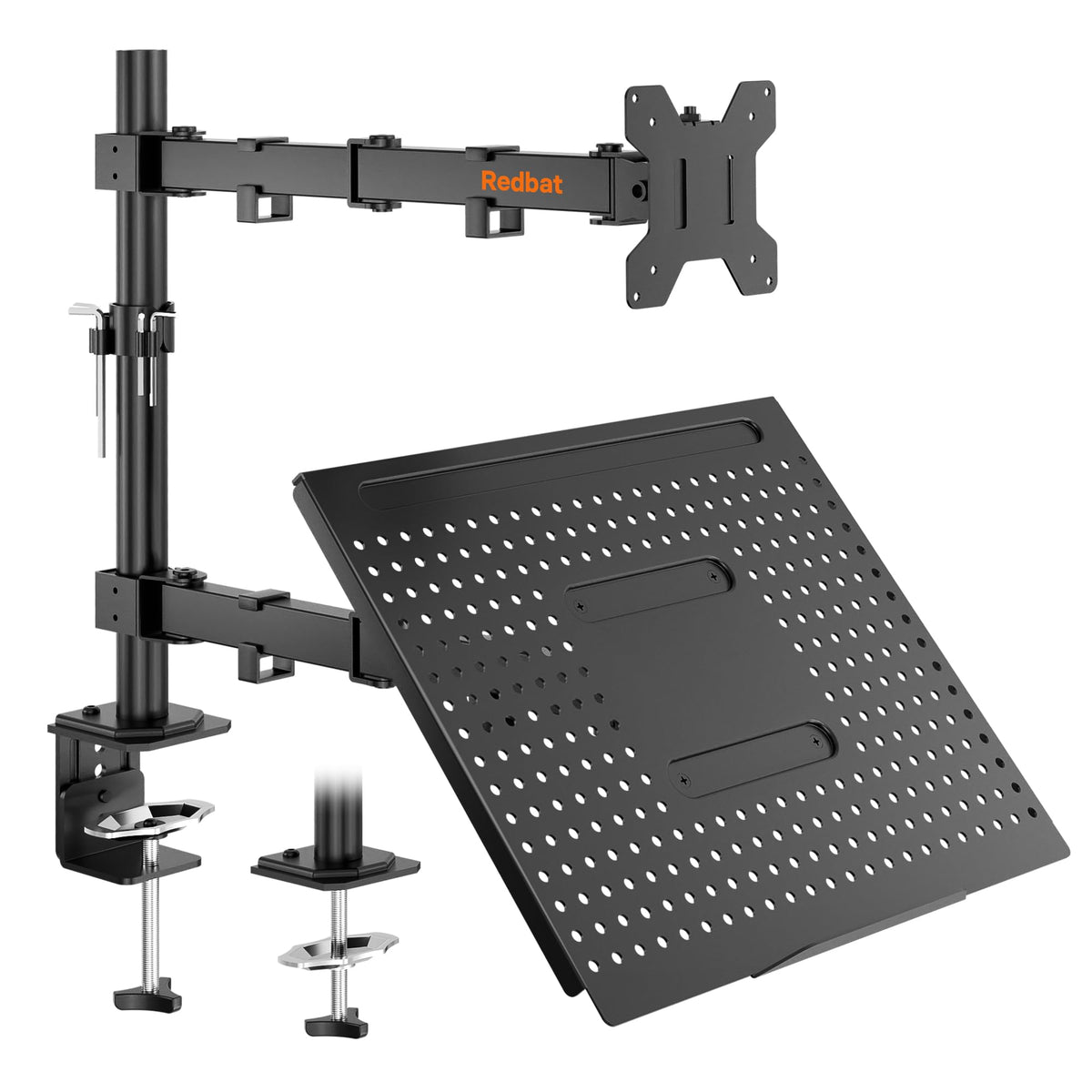 Redbat front view of dual monitor and laptop mount showing compact footprint and improved ergonomics