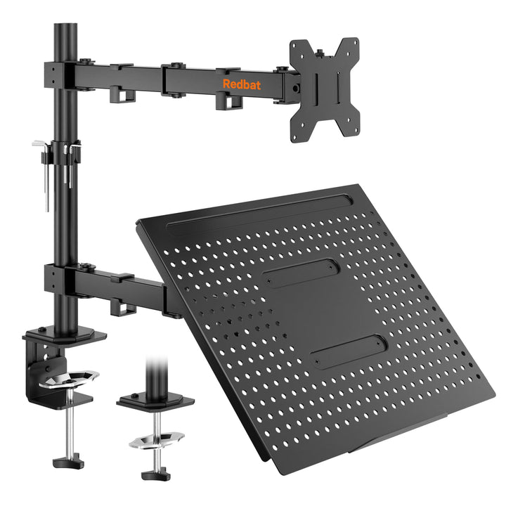 Redbat front view of dual monitor and laptop mount showing compact footprint and improved ergonomics