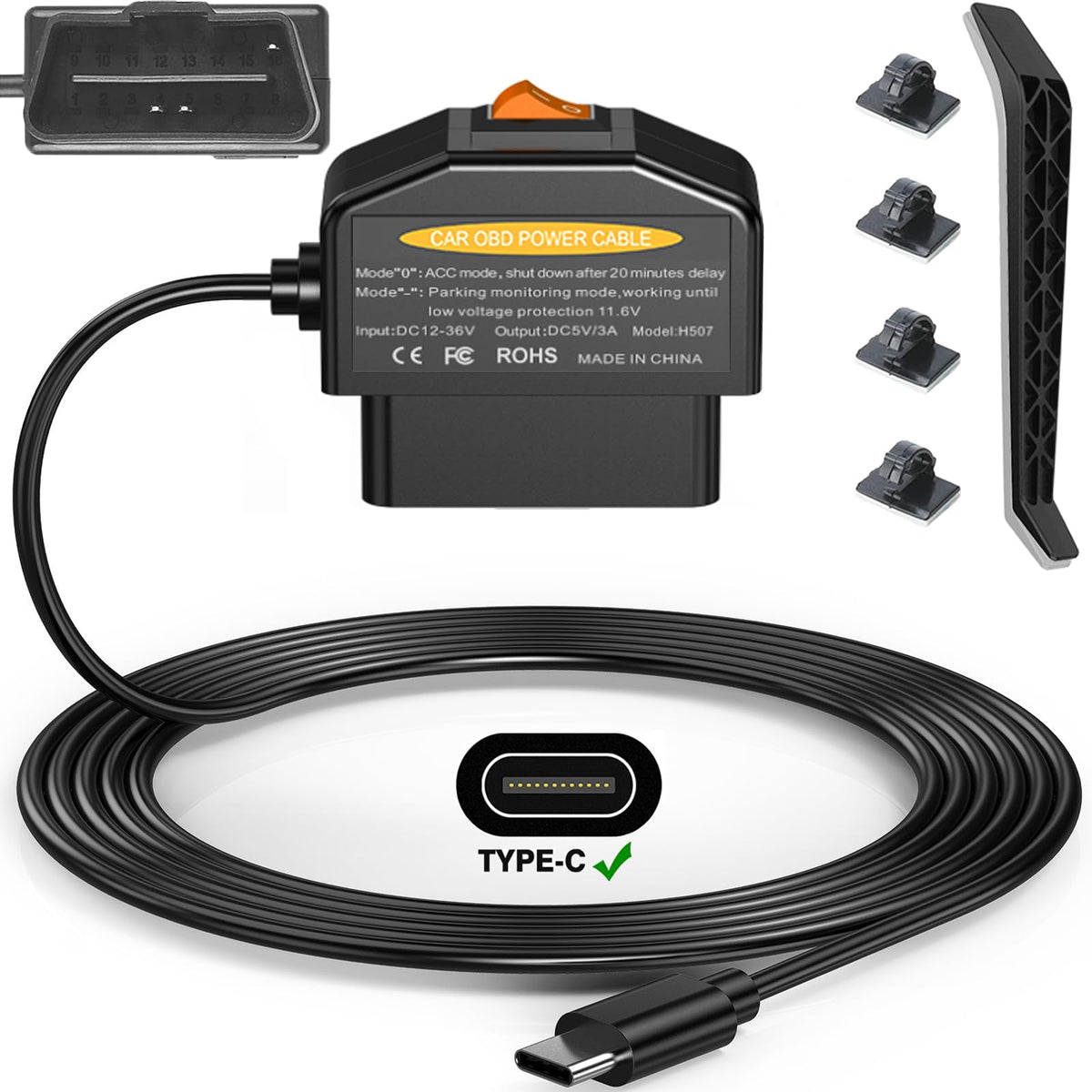 Redsia dash cam hardwire kit connected to OBD port for clean power delivery
