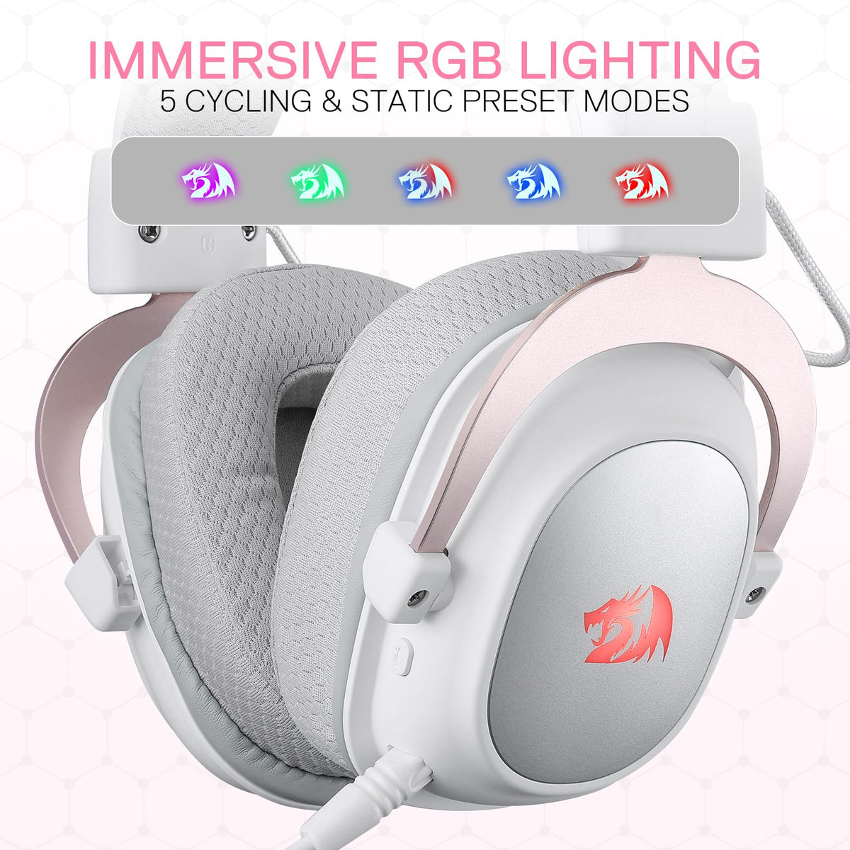 Redragon H510 Pro fabric ear cushions with RGB lighting for extended comfort
