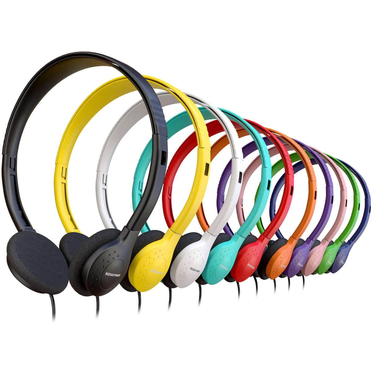 Redskypower 10 pack headphones in colorful packaging for classroom use and testing