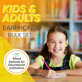 Redskypower earphones individually packaged for quick, hygienic classroom distribution