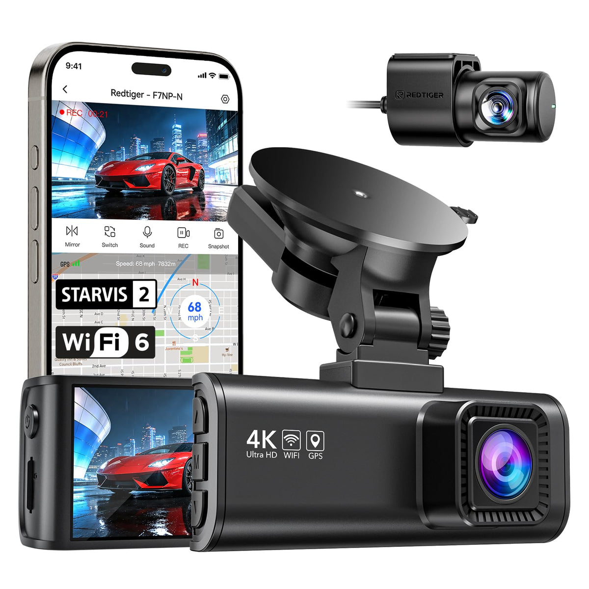 REDTIGER dash cam front 4K view captures license plates clearly.