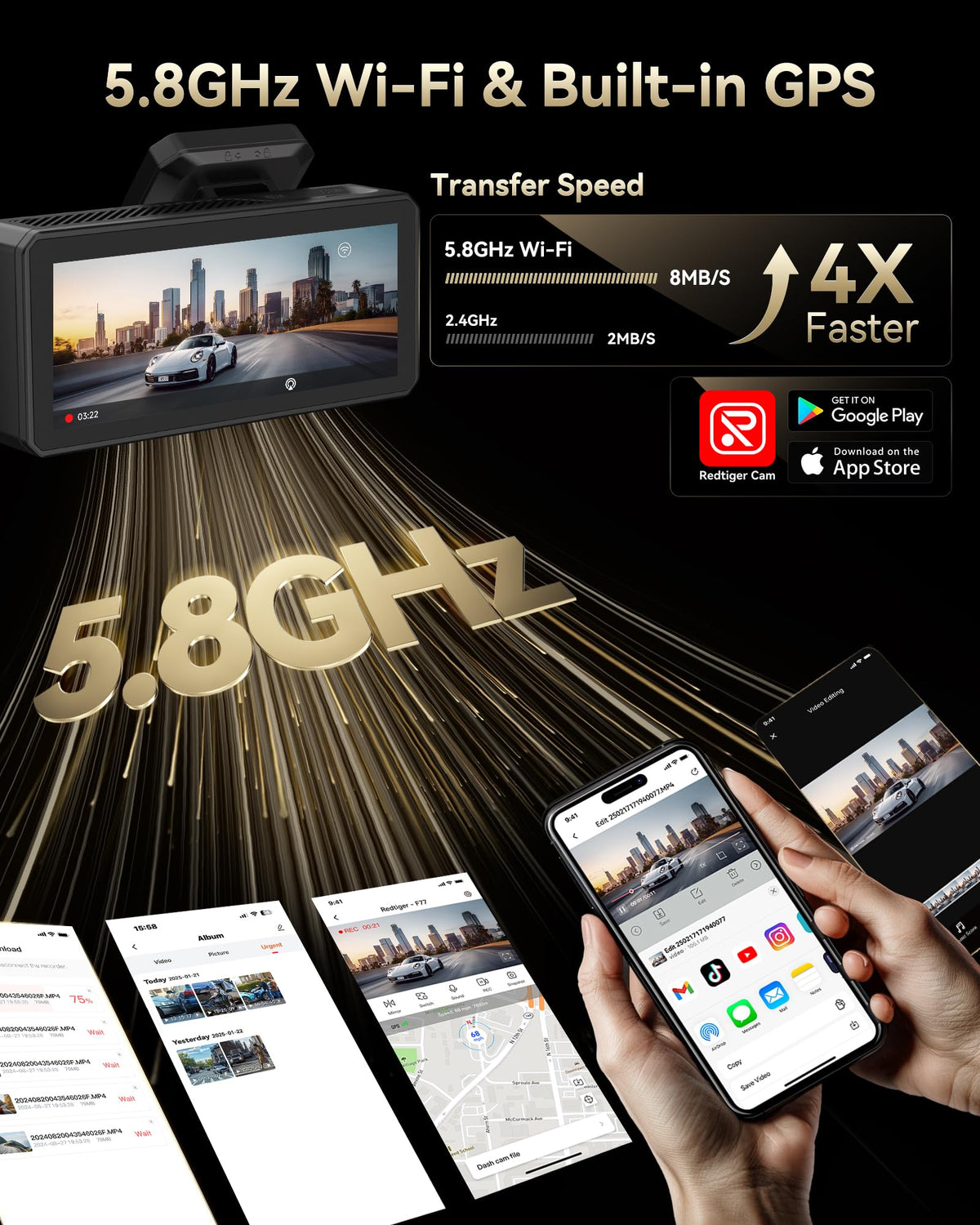 REDTIGER F77 V2 5.8GHz Wi-Fi and GPS enable quick sharing