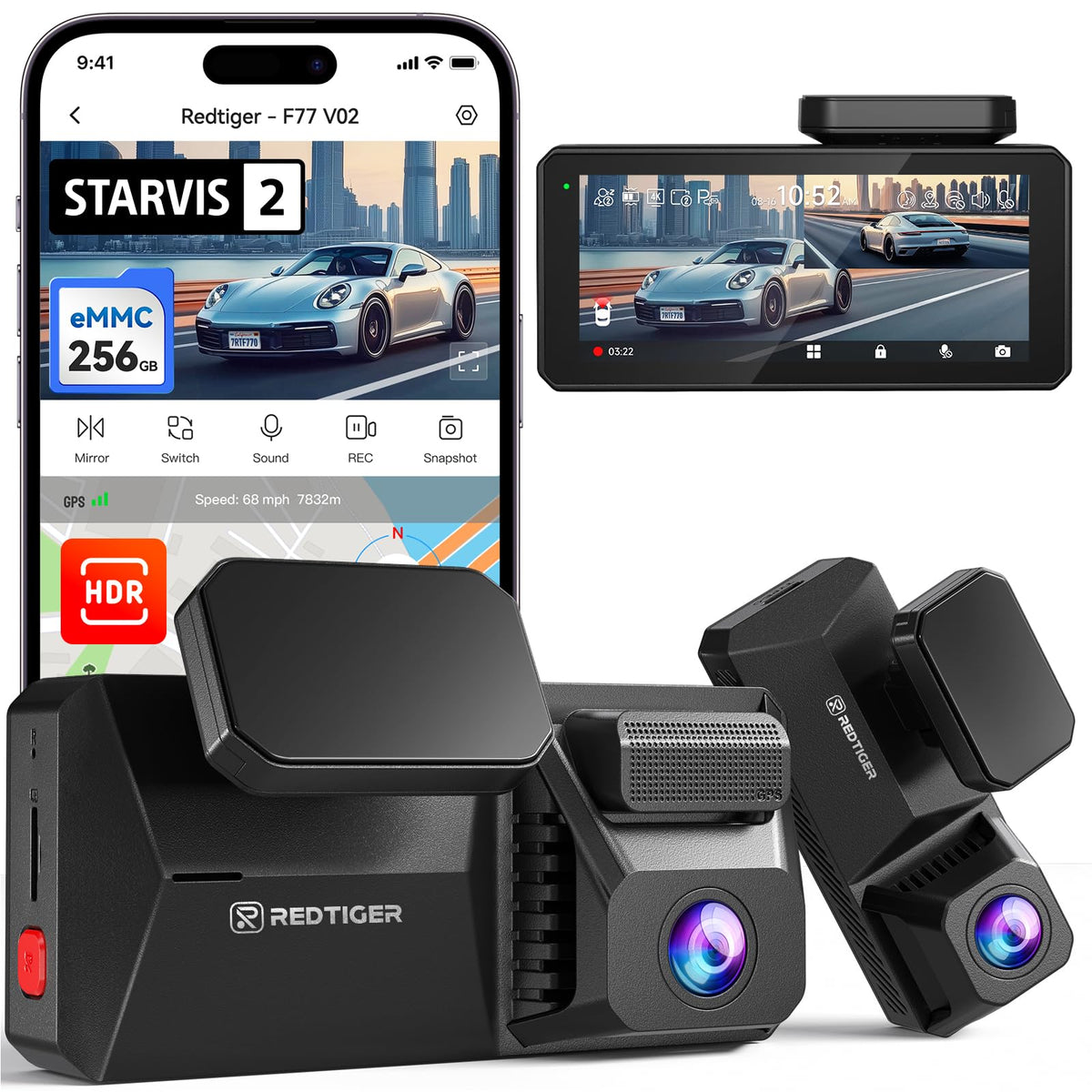 REDTIGER F77 V2 front camera in 4K captures license plates and signs at night