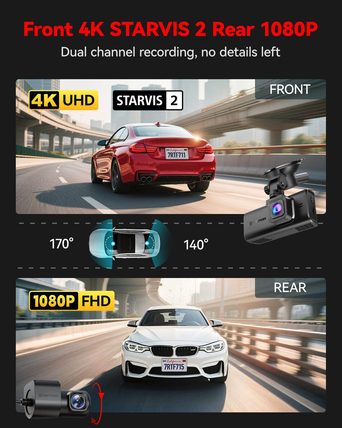 REDTIGER F7N TOUCH rear 1080p camera provides rear-view safety footage