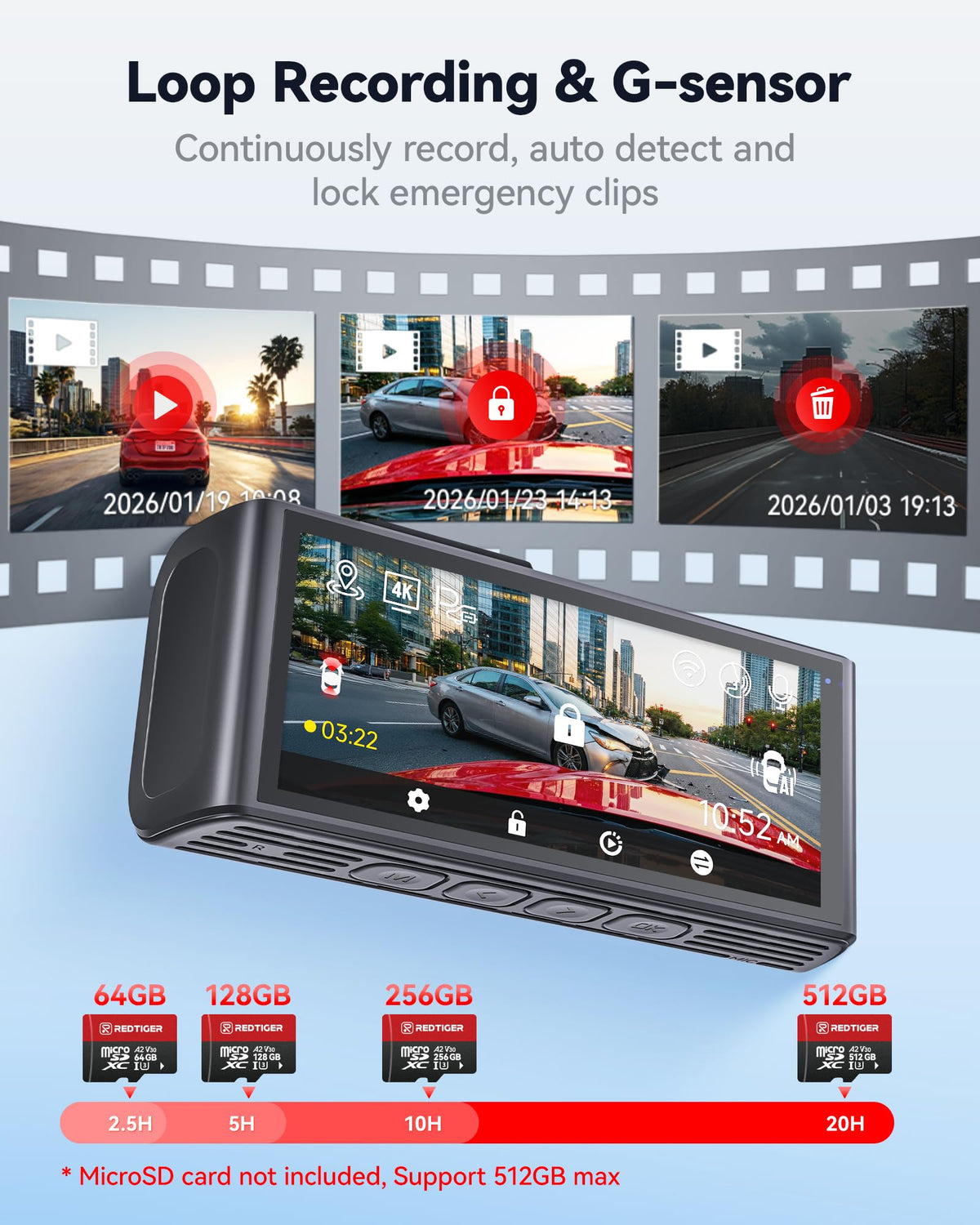 RedTIGER F7NA parking monitor auto-locks clips after impacts