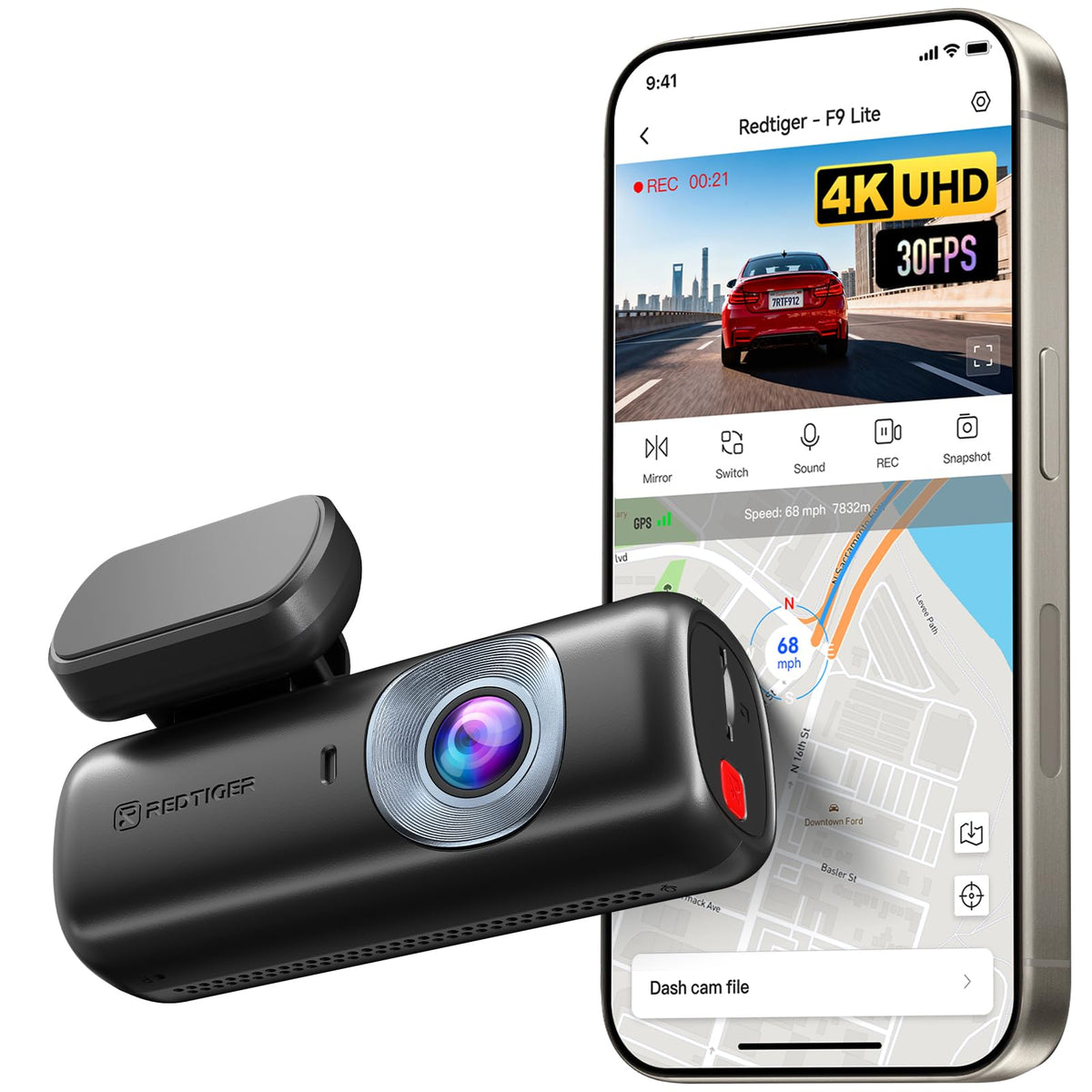 REDTIGER F9 Lite front camera showing compact profile and discreet fit