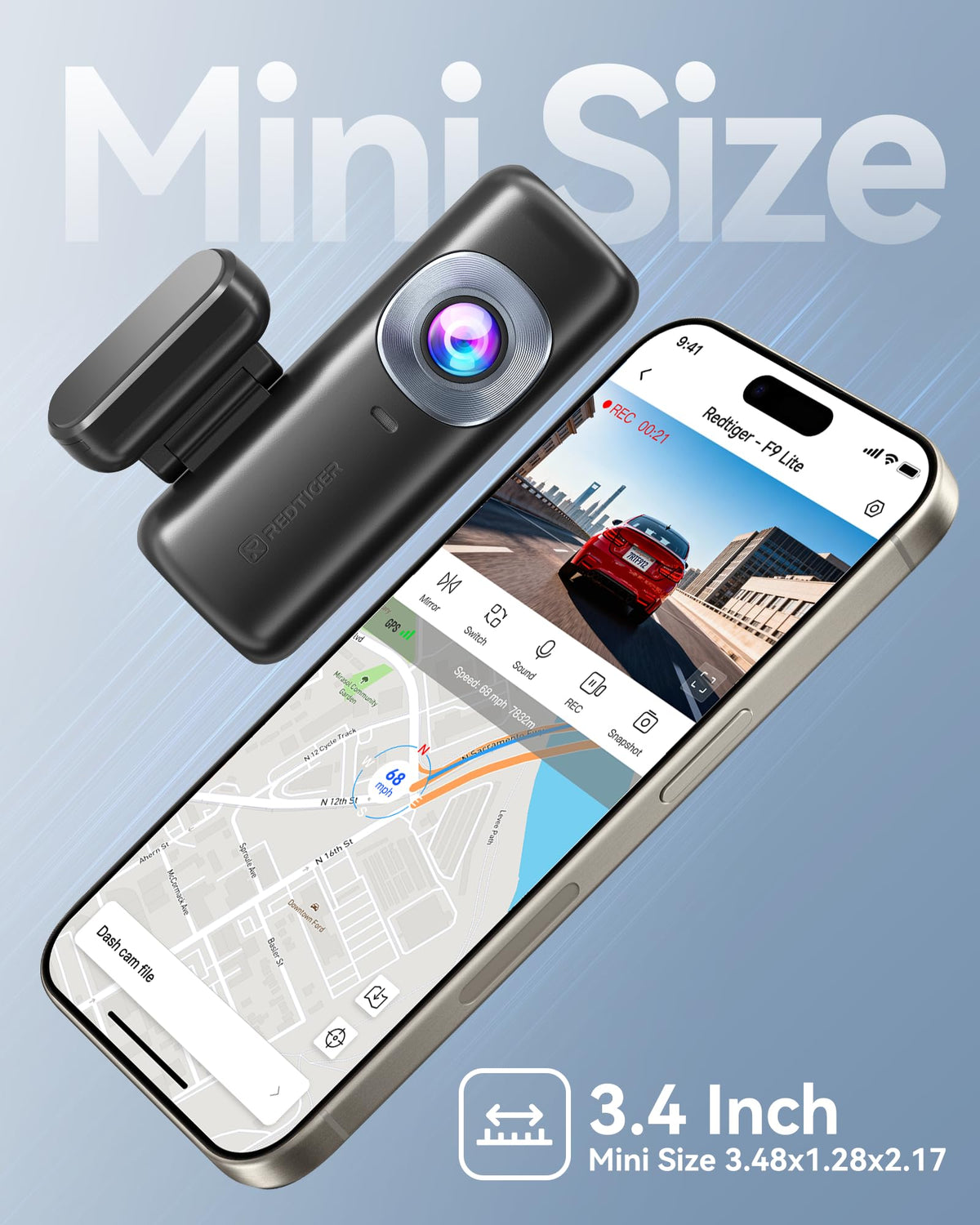 REDTIGER F9 Lite app screen showing GPS and Wi‑Fi access to footage