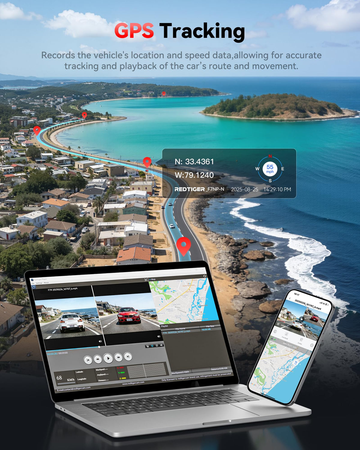 REDTIGER dash cam logs GPS data like route and speed.