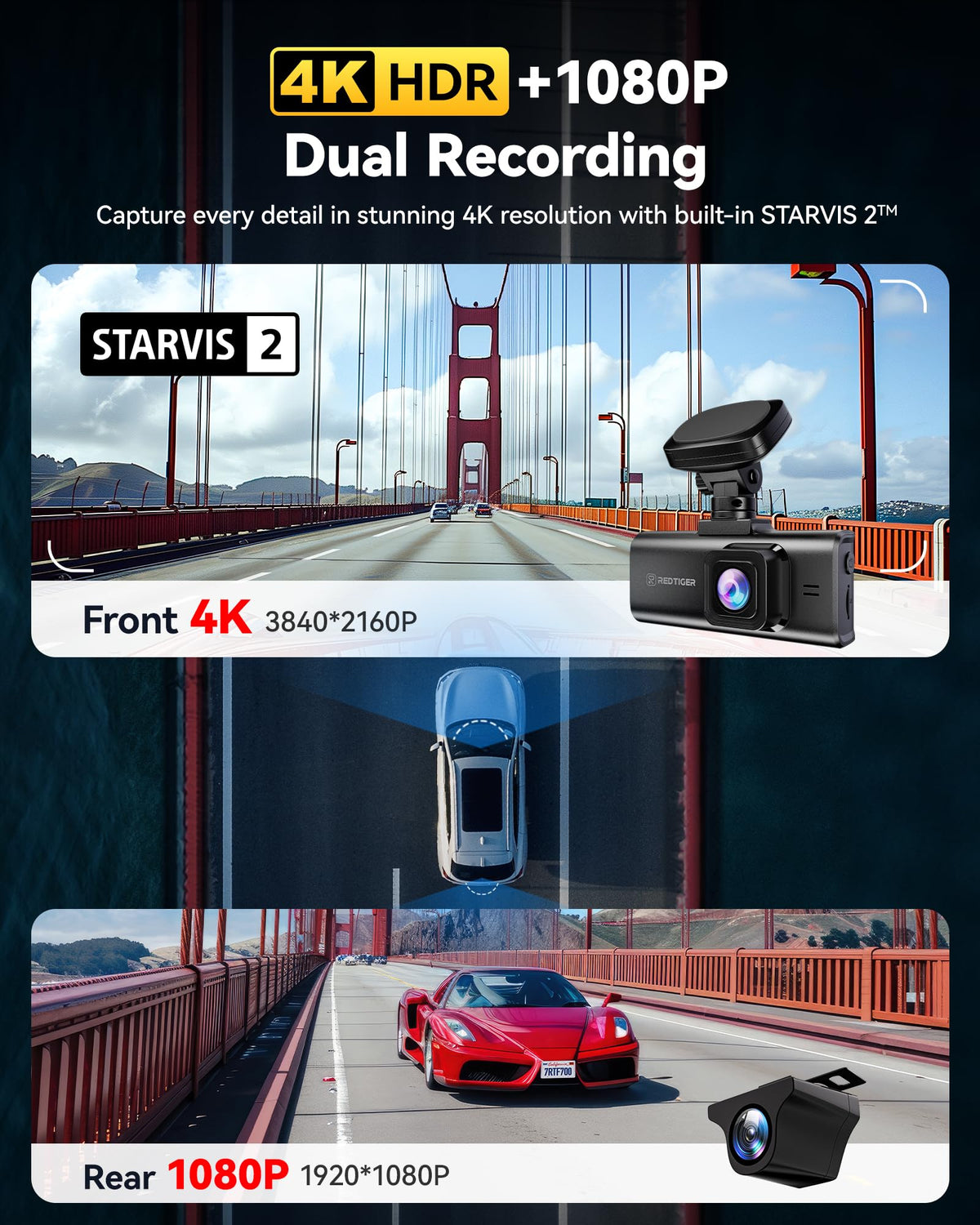 REDTIGER dash cam rear camera provides clear rear view for parking safety.