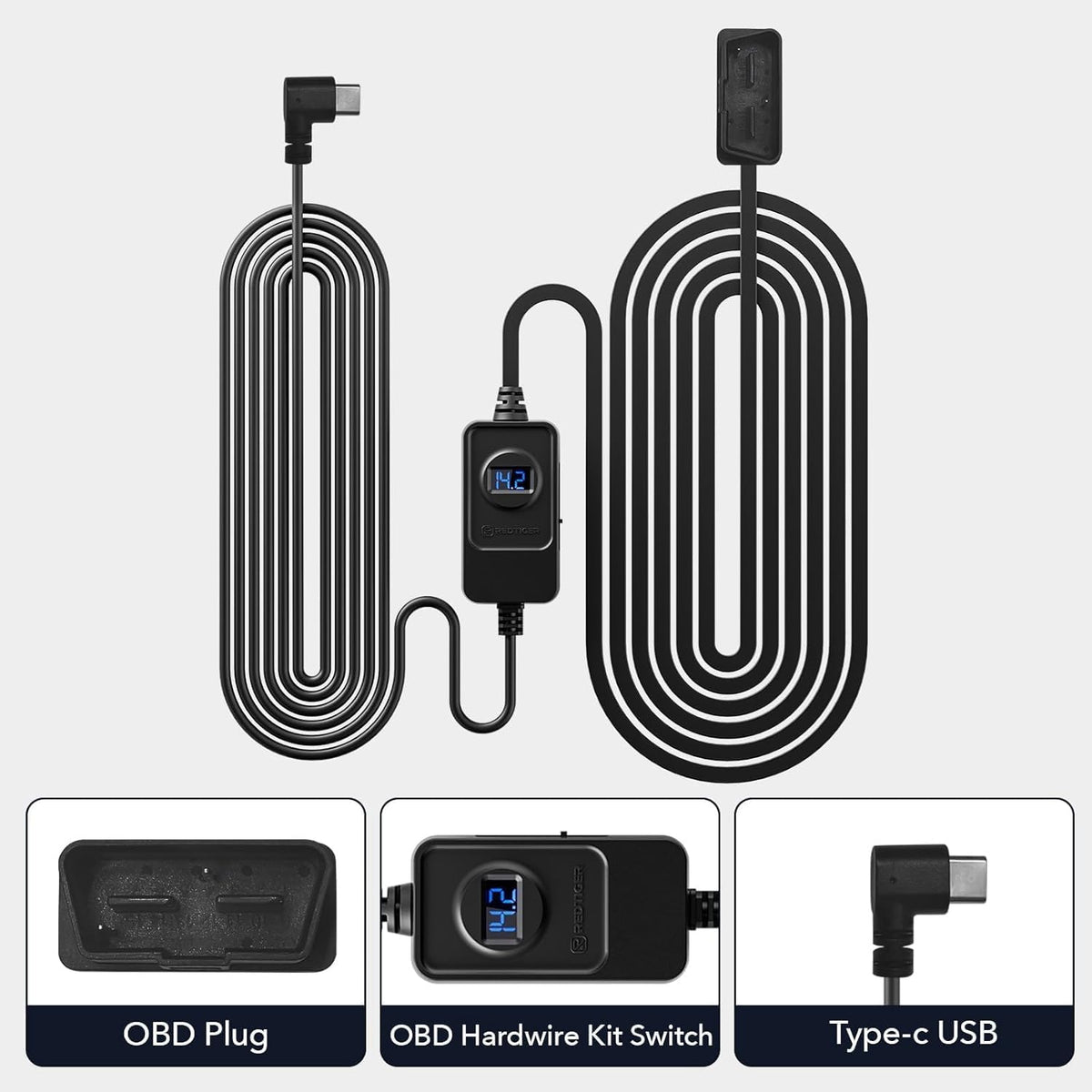 REDTIGER USB‑C plugged into dash cam providing stable parking power