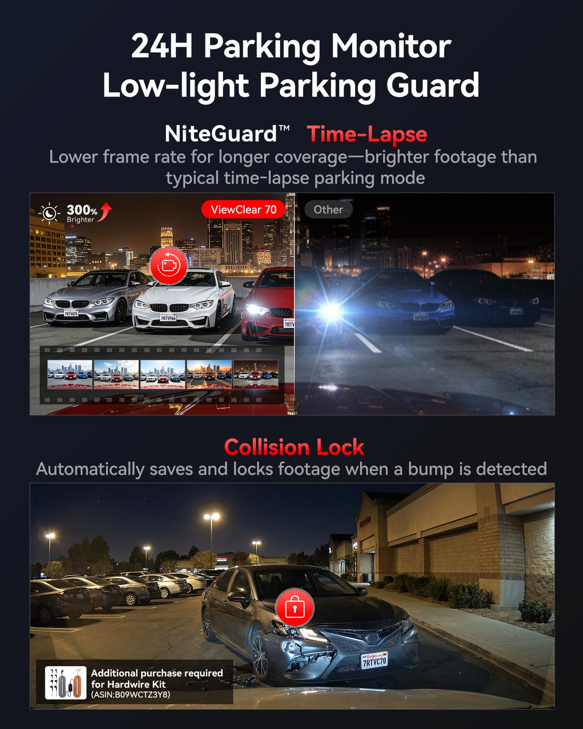 VC70 24/7 parking monitor preserves footage with collision lock and time-lapse.
