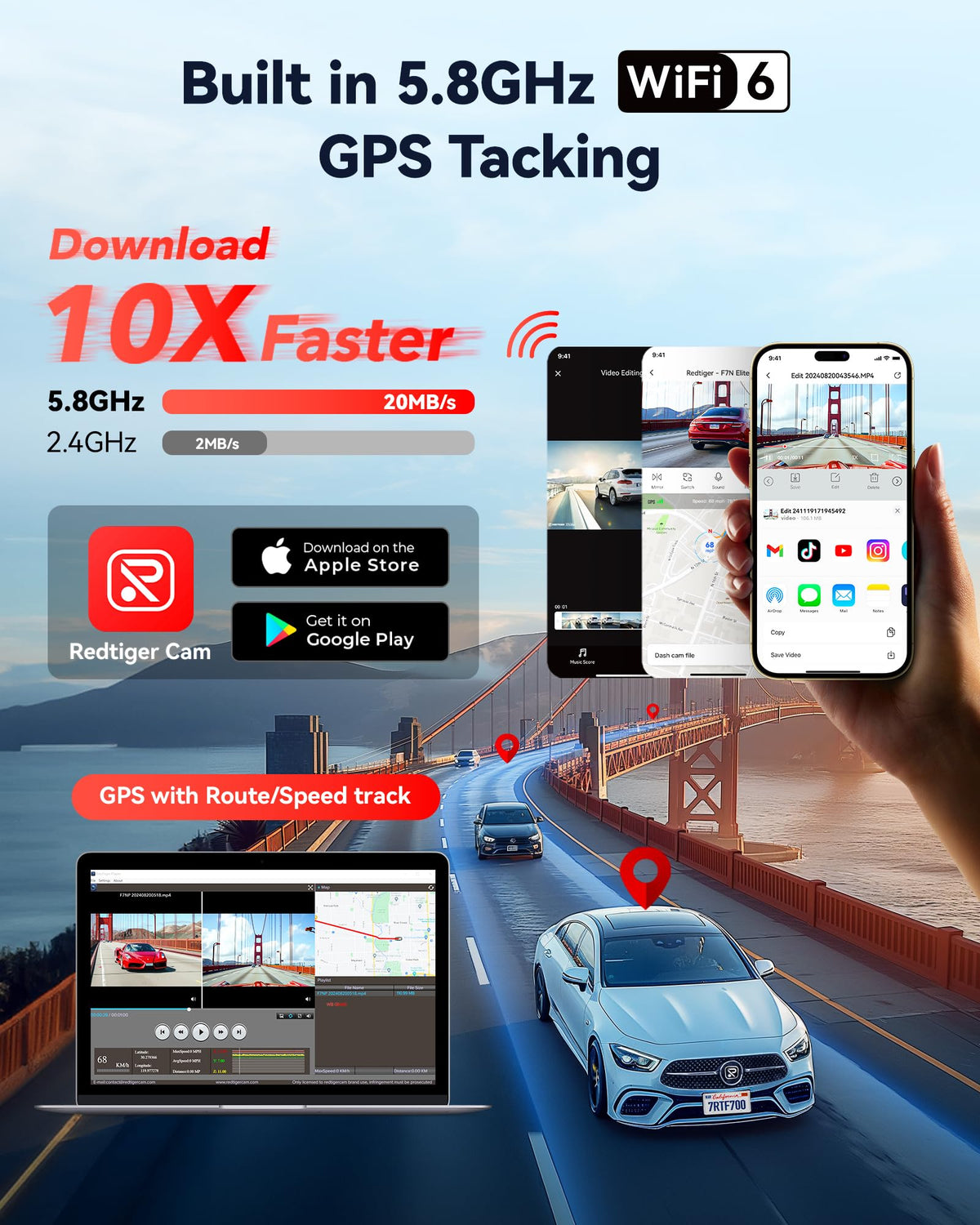 REDTIGER 5.8GHz WiFi and app enable quick video access.