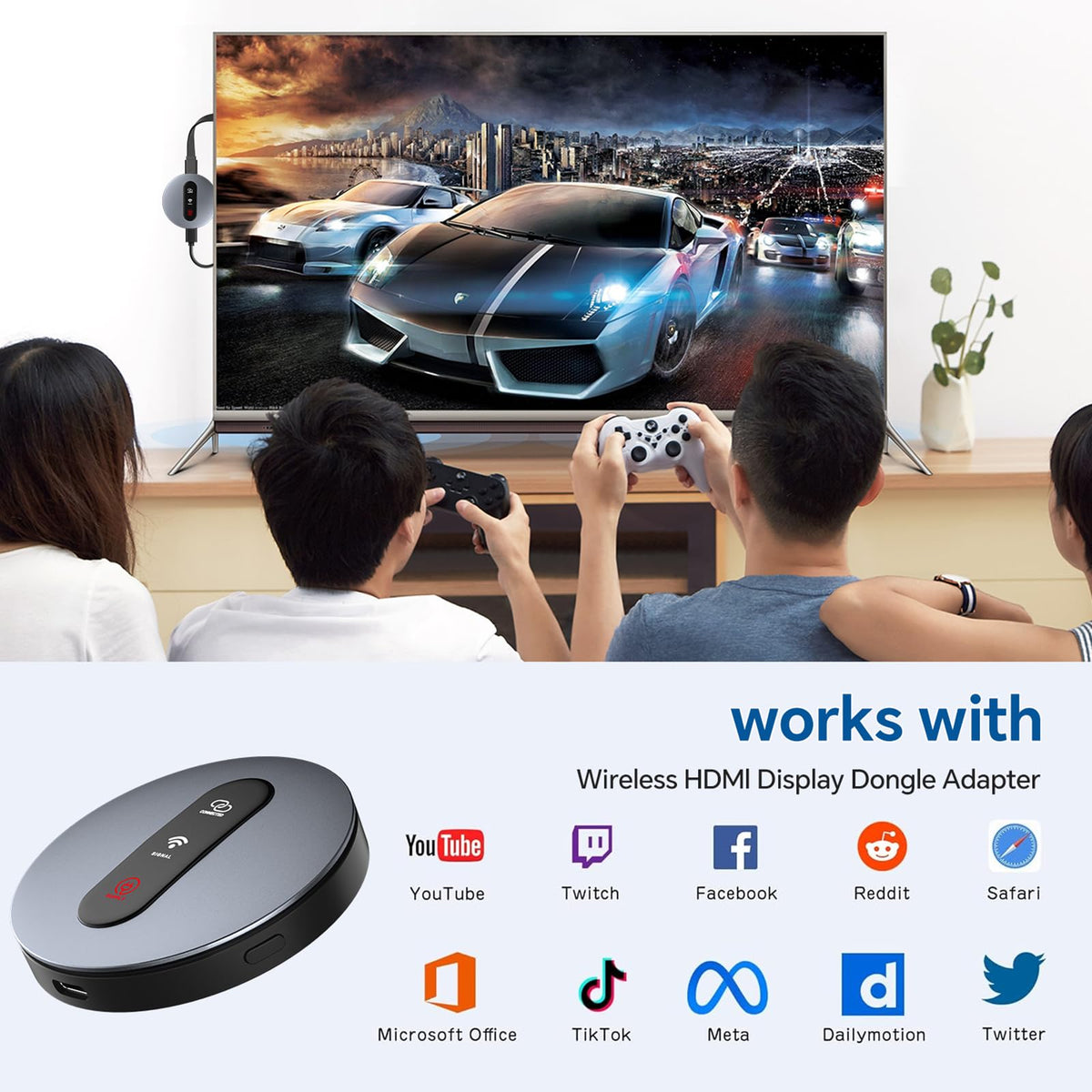 Redwalk dongle angled in HDMI port on TV demonstrating low-profile mounting