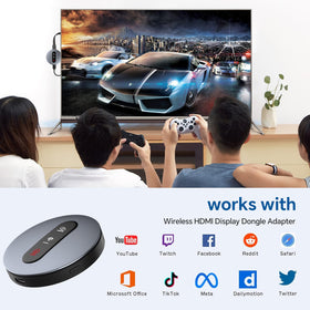 Redwalk dongle angled in HDMI port on TV demonstrating low-profile mounting