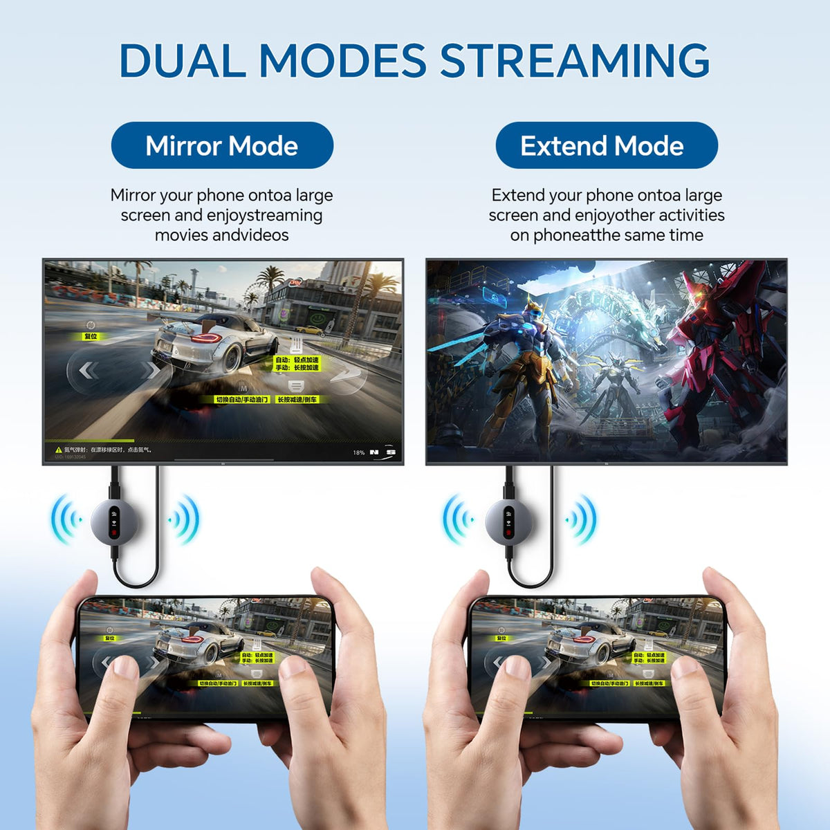 Redwalk dongle plugged into living room TV showing full-screen streaming benefit