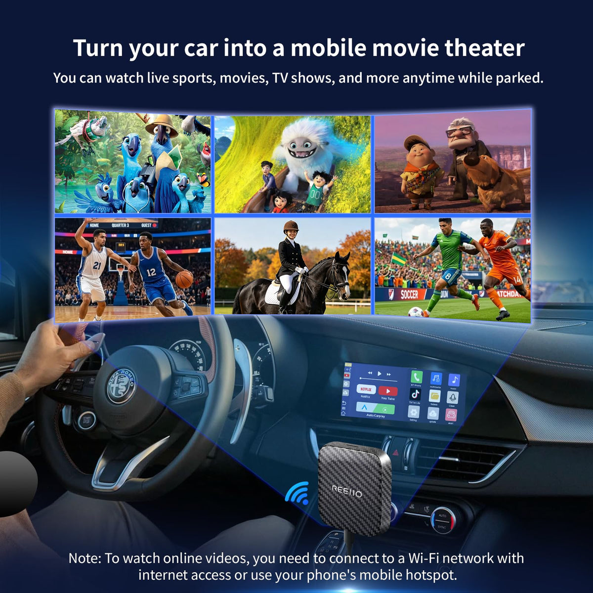 REEIIO showing Netflix app on screen adding entertainment in-car