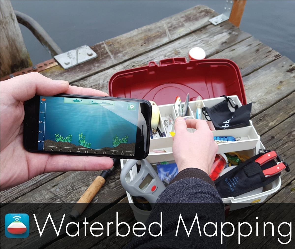 ReelSonar iBobber depth readings and bottom structure map on display.