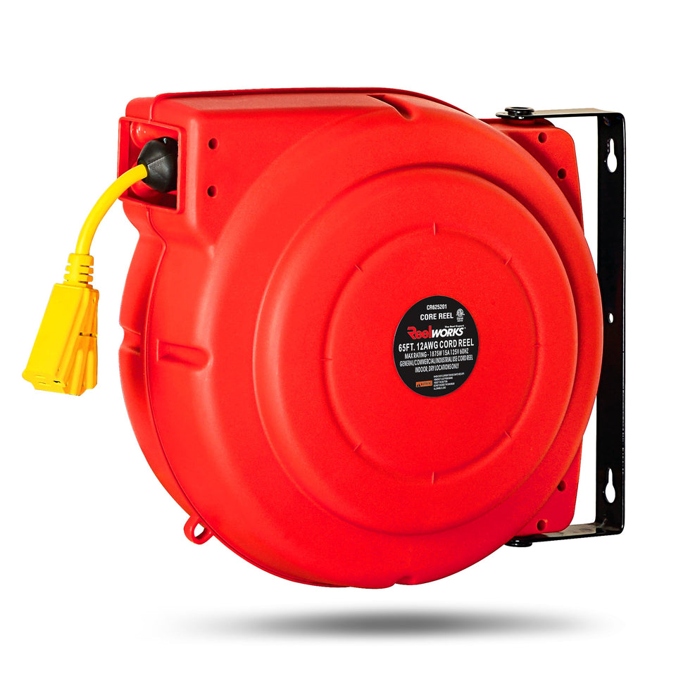 ReelWorks extension cord reel with 65ft 12AWG cable for heavy-duty indoor and outdoor use.