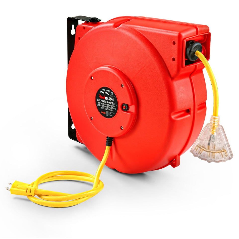 ReelWorks extension reel 80ft 12AWG, ideal for long reach in workshops.