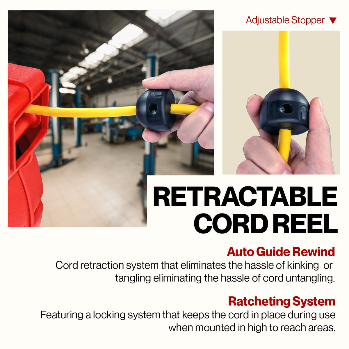 ReelWorks double non-snag rollers minimize cord abrasion during rewinding.