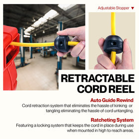 ReelWorks double non-snag rollers minimize cord abrasion during rewinding.