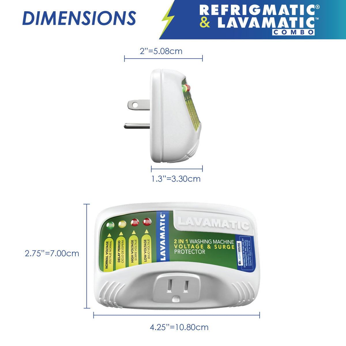 Refrigmatic plugged behind refrigerator demonstrating appliance protection benefit