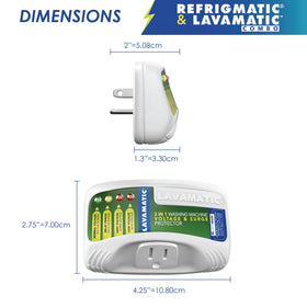 Refrigmatic plugged behind refrigerator demonstrating appliance protection benefit