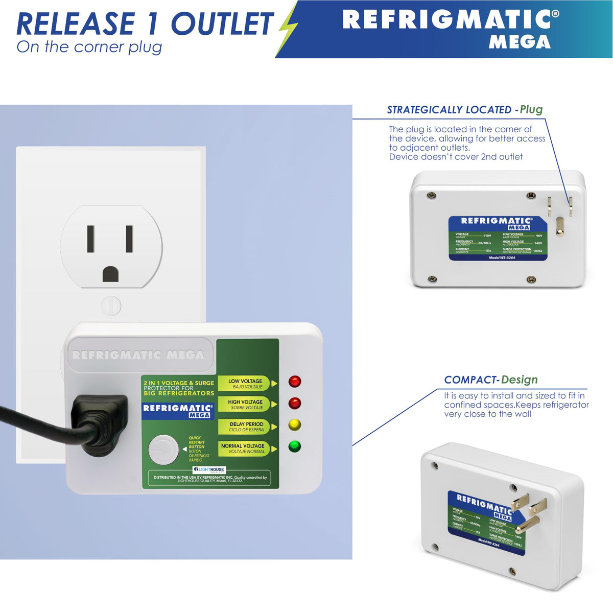 Refrigmatic MEGA delay indicator lit, showing safe timed restart benefit for compressors