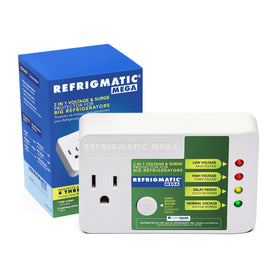 Refrigmatic MEGA front view showing compact protector and LED indicators protecting large fridges