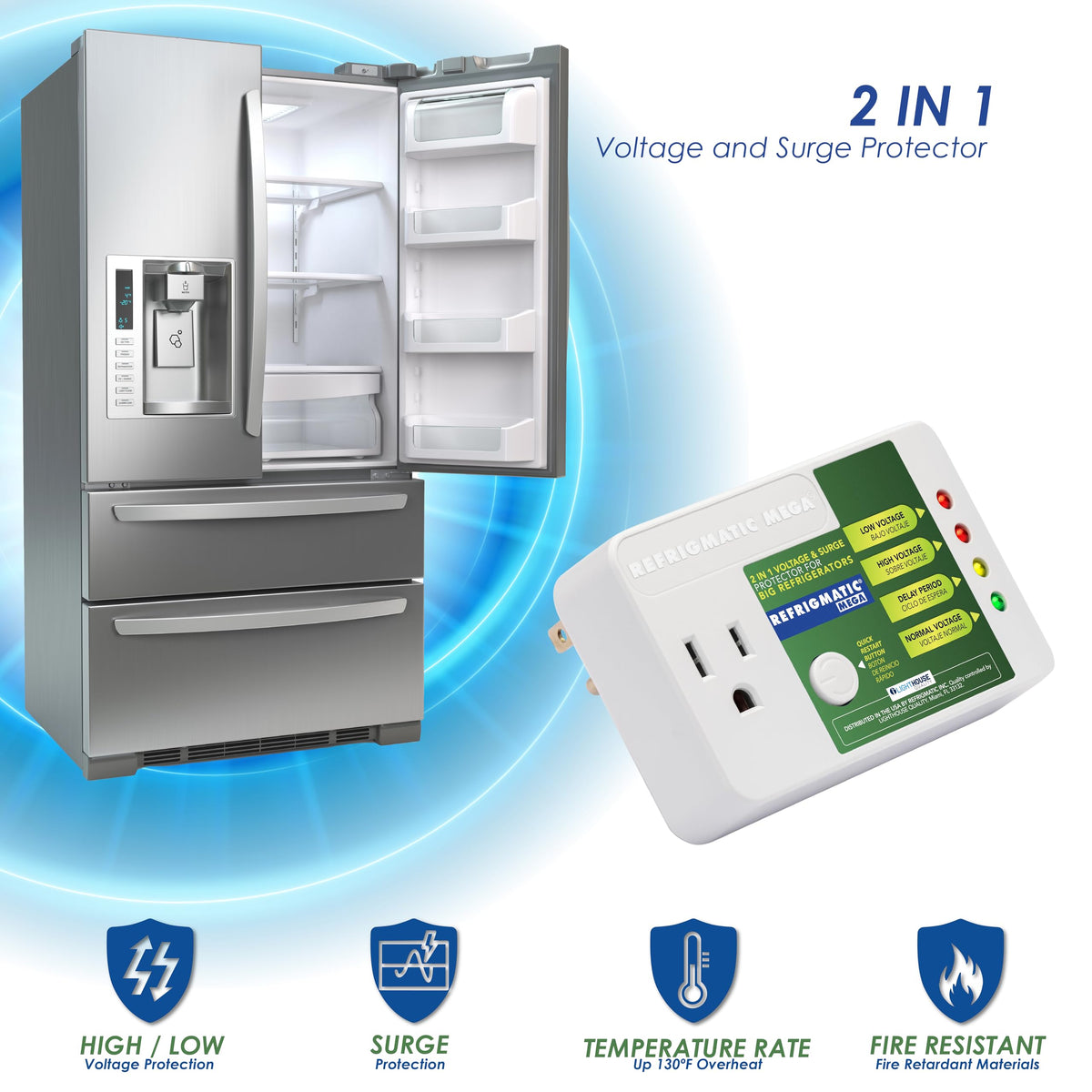 Refrigmatic MEGA installed behind a two-door refrigerator in a kitchen, preventing damage