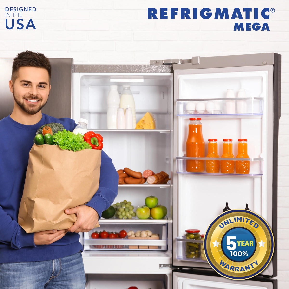 Refrigmatic MEGA label and specifications close-up, clarifying voltage cutoffs and suitability