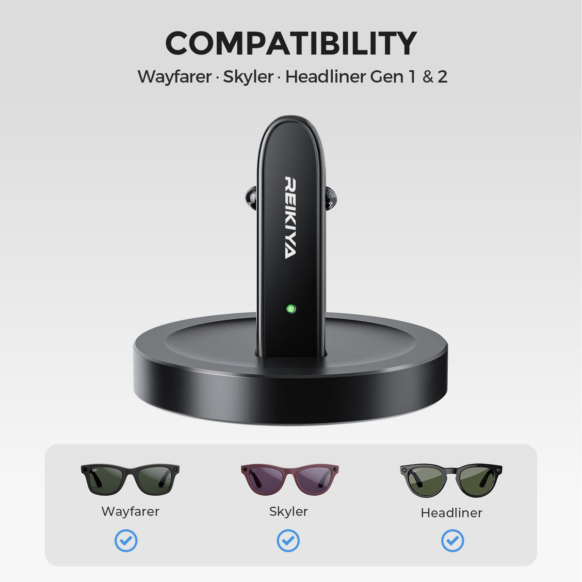 REIKIYA charging stand for Ray-Ban Meta, side view with glasses in dock
