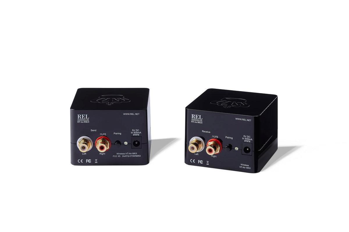REL Acoustics HT-Air MKII receiver connected to a subwoofer for a clean, cable-free setup.